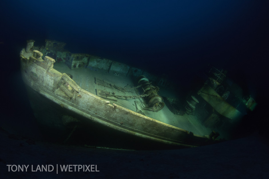 A composite image of the USS Kittiwake at night, West Bay, Grand Cayman