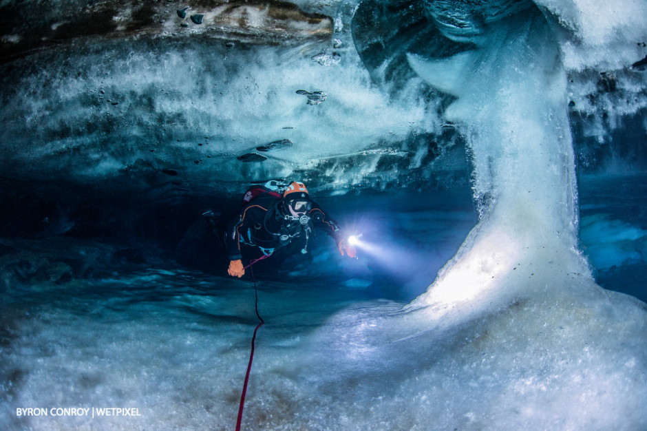 In an ice cave under a glacier.