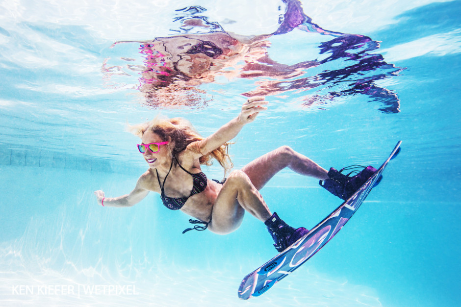 Underwater wakeboard athlete.