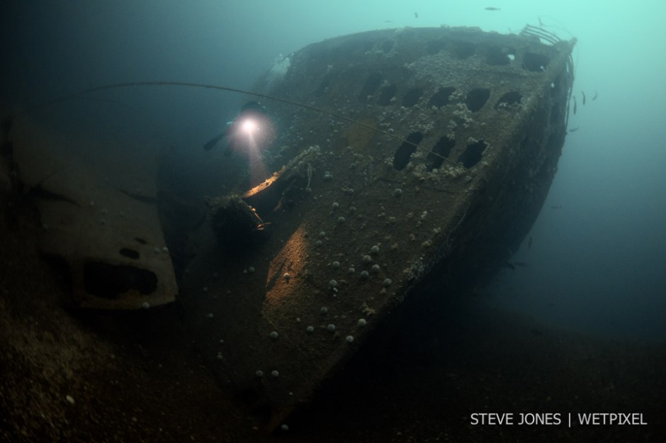 This magnificent Ocean Liner was capable of carrying 4000 soldiers. This is the view of the bow from the seabed at 235 feet/72 meters.