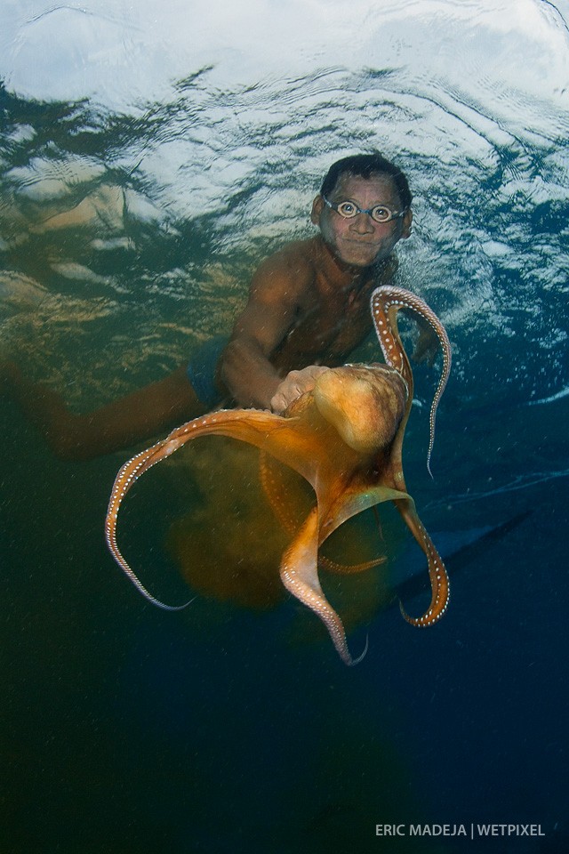 A Bajau Laut catching his dinner. The Bajau Laut are nomadic people living on boats, roaming the islands and reef between Borneo, Sulawesi and Mindanao.
