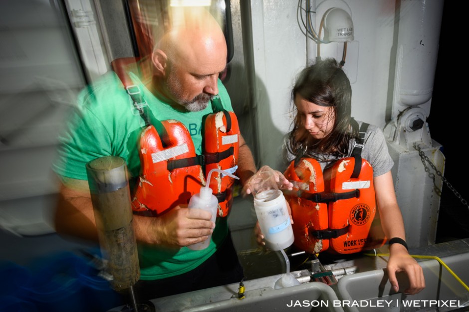Dr. Craig McClain, lead scientist for Project Woodfall and Executive Director of LUMCON (Louisiana Universities Marine Consortium), and research assistant River Dixon, carefully comb through core sediment samples from the ocean floor.