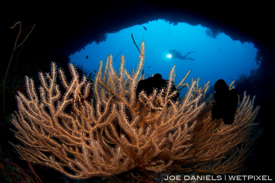 A diver explores a underwater cave off the Witu Islands.